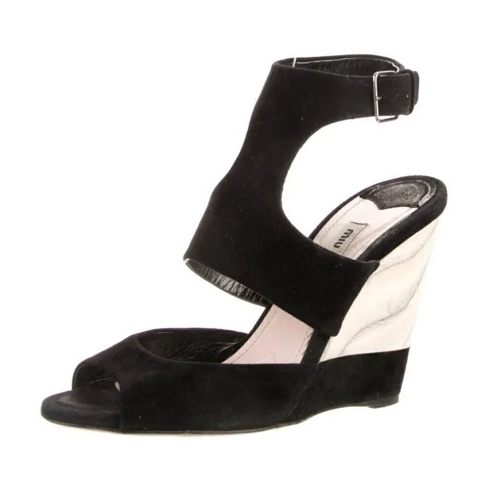 miu miu Authentic Black White Color Block Marble Wedge High Heels Sandals 7